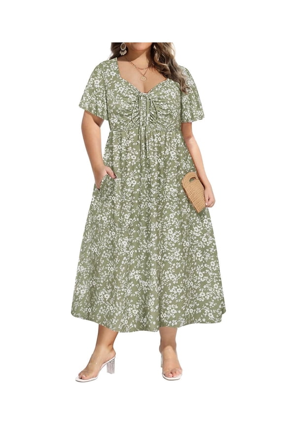 Dresses for Women Plus Size 2X Green White Floral Fall Dresses Fashion Midi Sundresses Short Sleeve Tie Sweetheart V Neck Dresses Loose Fit Summer Dress With Pocket 2XL 18W 20W