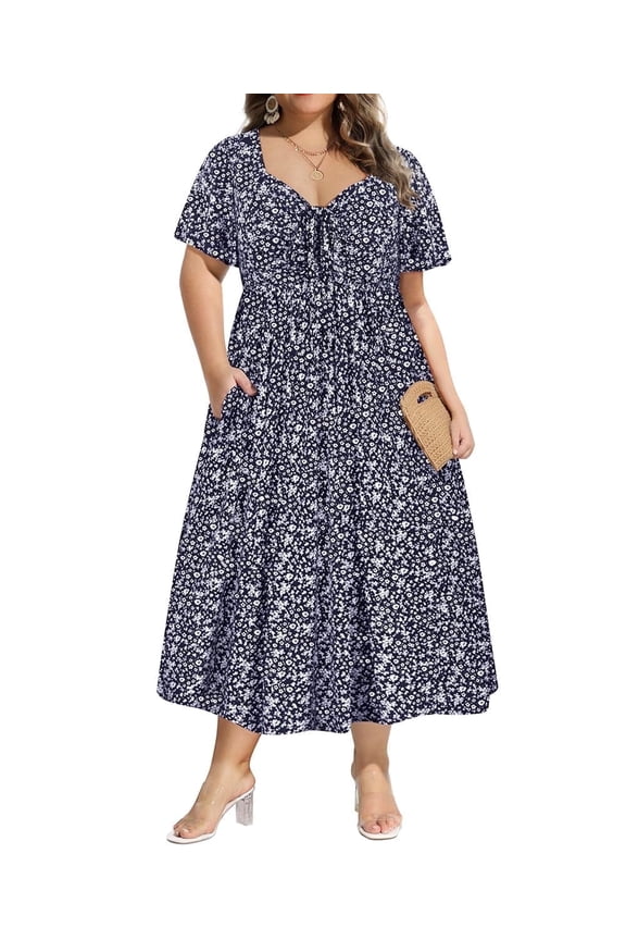 Plus Size Dresses 2X Summer Midi Womens Sun Dresses Navy Blue Floral Boho Beach Short Sleeve V Neck Loose Fit Spring Party Dresses with Pocket 2XL 18W 20W