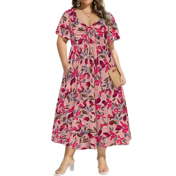 CASSIE LIZ Dresses for Women Plus Size 2X Pink Floral Fall Dresses Fashion Midi Sundresses Short Sleeve Tie Sweetheart V Neck Dresses Loose Fit Summer Dress With Pocket 2XL 18W 20W