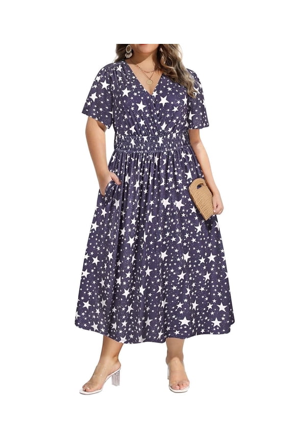 Dresses for Women Plus Size 2X Purple White Star Fall Dresses Fashion Midi Sundresses Short Sleeve V Neck Dresses Loose Fit Summer Dress With Pocket 2XL 18W 20W