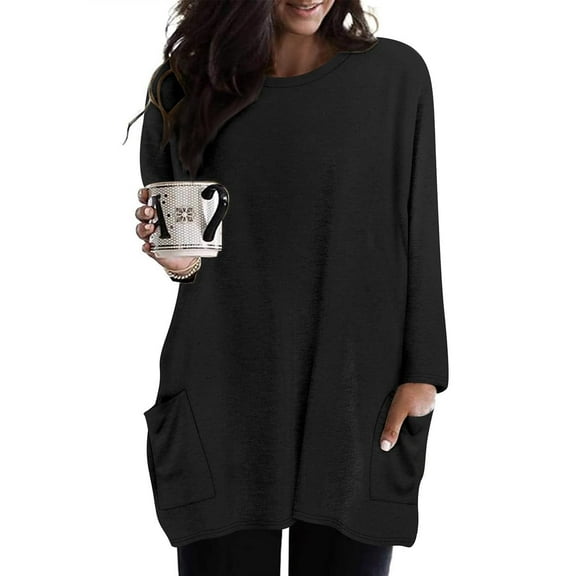 CASSIE LIZ Womens Plus Size Tops 2X Long Sleeve Shirts Fall Crew Neck Black Sweatshirts Fashion Tee Loose Fit Tunics Winter Blouses Casual Oversized Pullovers with Pocket 2XL 18W 20W
