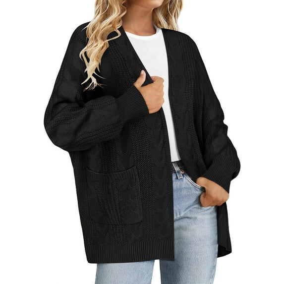 CASSIE LIZ Plus Size Womens Sweaters 4X Fall Cardigans for Women Fashion Black Open Front Cardigans Casual Long Sleeve Lightweight Knit Holiday Sweaters with Pocket 4XL 24W-26W