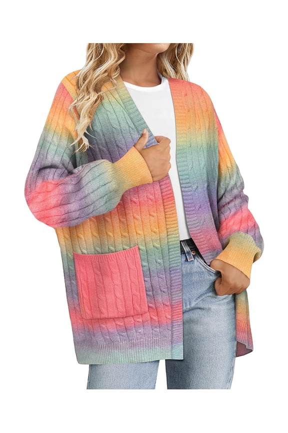Plus Size Womens Sweaters 4X Fall Cardigans for Women Fashion Rainbow Striped Open Front Cardigans Casual Long Sleeve Lightweight Knit Holiday Sweaters with Pocket 4XL 24W-26W