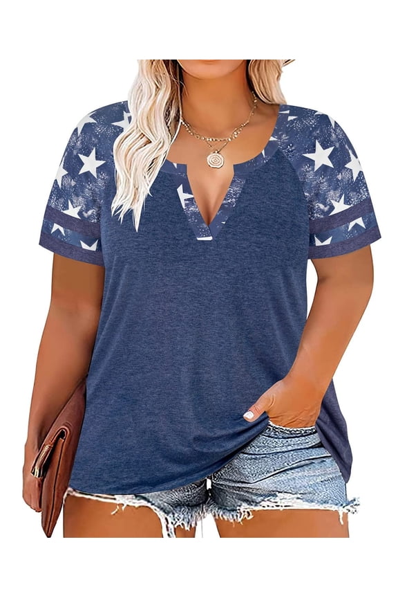 Womens Plus Size Tops 2X 4th of July Summer V Neck Shirts Blue Fashion Short Sleeve Tee Loose Fit Patrotic Star Raglan Tunics Spring Blouses Casual Pullovers 2XL 18W 20W