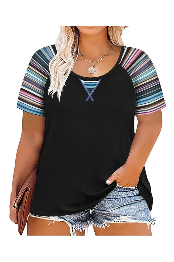 Womens Plus Size Tops 2X Summer Crew Neck Shirts Blue Fashion Short Sleeve Tee Loose Fit Colorful Striped Raglan Tunics Spring Blouses Casual Pullovers 2XL 18W 20W