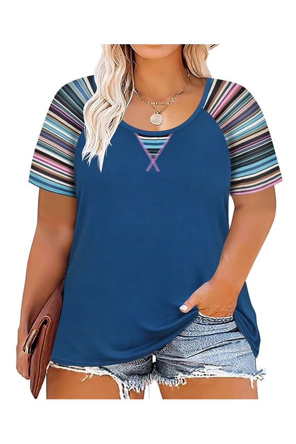 Womens Plus Size Tops 2X Summer Crew Neck Shirts Blue Fashion Short Sleeve Tee Loose Fit Striped Raglan Tunics Spring Blouses Casual Pullovers 2XL 18W 20W