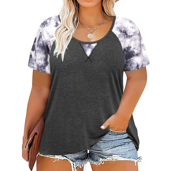 CASSIE LIZ Womens Plus Size Tops 2X Summer Tie Dye Shirts Gray Crew Neck Fashion Short Sleeve Tee Loose Fit Raglan Tunics Spring Blouses Casual Pullovers 2XL 18W 20W