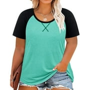 CASSIE LIZ Womens Plus Size Tops 2X Summer Crew Neck Shirts Green Fashion Short Sleeve Tee Loose Fit Raglan Tunics Spring Blouses Casual Color Block Pullovers 2XL 18W 20W