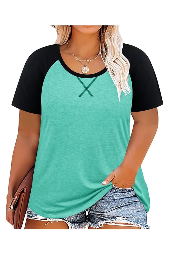 Womens Plus Size Tops 2X Summer Shirts Green Crew Neck Fashion Short Sleeve Tee Loose Fit Tunics Spring Blouses Casual Pullover 2XL 18W 20W