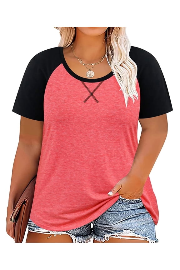 Womens Plus Size Tops 2X Summer Shirts Pink Crew Neck Fashion Short Sleeve Tee Loose Fit Tunics Spring Blouses Casual Pullover 2XL 18W 20W