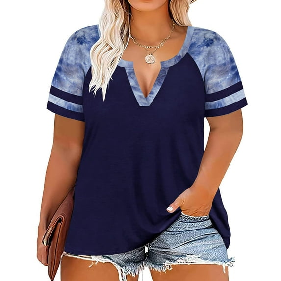 CASSIE LIZ Womens Plus Size Tops 2X Summer Tie Dye Shirts Blue V Neck Fashion Short Sleeve Tee Loose Fit Raglan Tunics Spring Blouses Casual Pullovers 2XL 18W 20W
