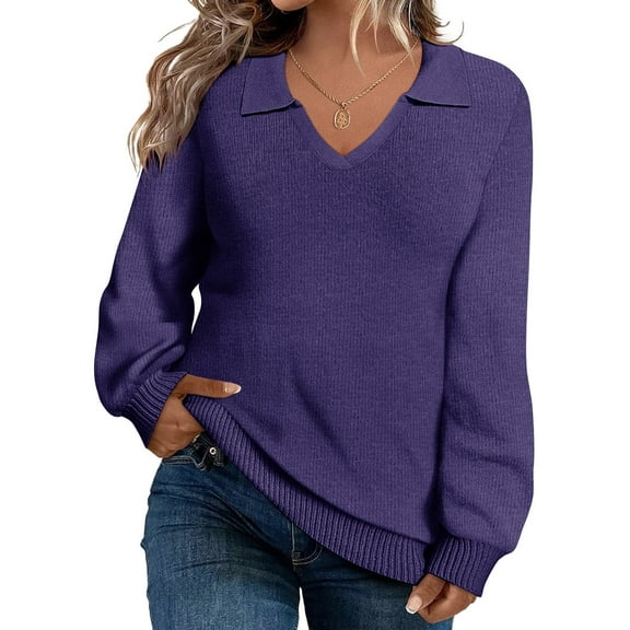 CASSIE LIZ Plus Size Womens Sweaters 4X Long Sleeve Sweatshirts Fall V Neck Blue Tops Fashion Knit Collar Shirts Loose Fit Lapel Pullovers Winter Casual Dressy 4XL 24W 26W