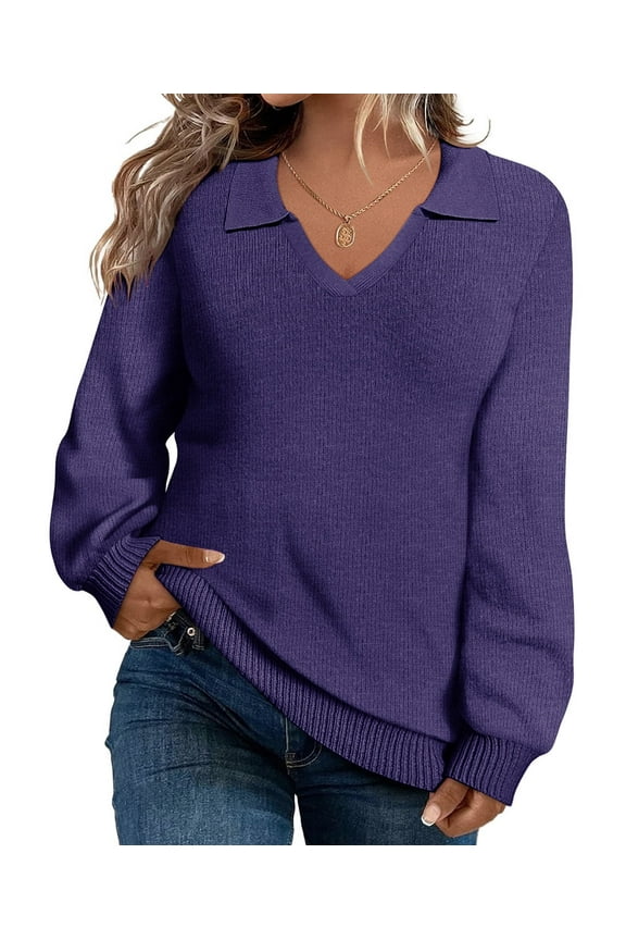 Plus Size Womens Sweaters 4X Long Sleeve Sweatshirts Fall V Neck Blue Tops Fashion Knit Collar Shirts Loose Fit Lapel Pullovers Winter Casual Dressy 4XL 24W 26W