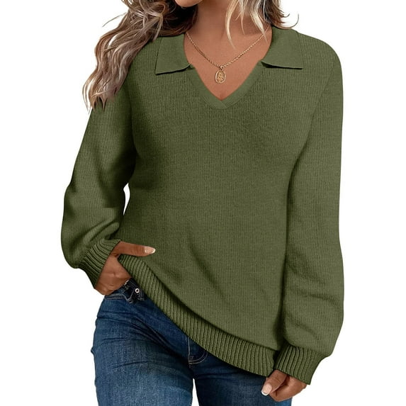 CASSIE LIZ Womens Sweaters Plus Size Long Sleeve Sweatshirts Fall V Neck Green Tops Fashion Knit Collar Shirts Loose Fit Lapel Pullovers Winter Casual Dressy XL 14W 16W