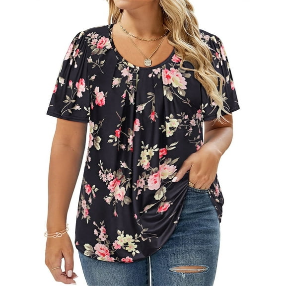 CASSIE LIZ Plus Size Womens Tops 4X Summer V Neck Shirts Black Fashion Short Sleeve Floral Flowy Tee Loose Fit Tunics Fall Pleated Blouses Casual Swing Pullovers 4XL 24W 26W