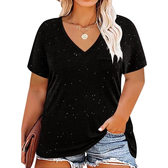 CASSIE LIZ Plus Size Womens Tops 4X Summer V Neck Shirts Black Sequin Fashion Short Sleeve Tee Loose Fit Tunics Spring Blouses Casual Pullover with Pocket 4XL 24W 26W