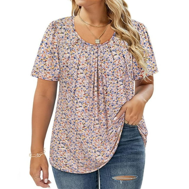 CASSIE LIZ Women's Plus Size Tops Blue Floral 4X Swing Crew Neck Blouses Khaki Base Fashion Short Sleeve Pullover Loose Fit Shirts Casual Tee Spring Summer Tunics 4XL 24W 26W
