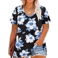 thumbnail image 1 of CASSIE LIZ Plus Size Womens Tops 4X Summer V Neck Shirts Blue Floral Fashion Short Sleeve Tee Loose Fit Tunics Spring Blouses Casual Slit Hem Pullovers 4XL 24W 26W, 1 of 5