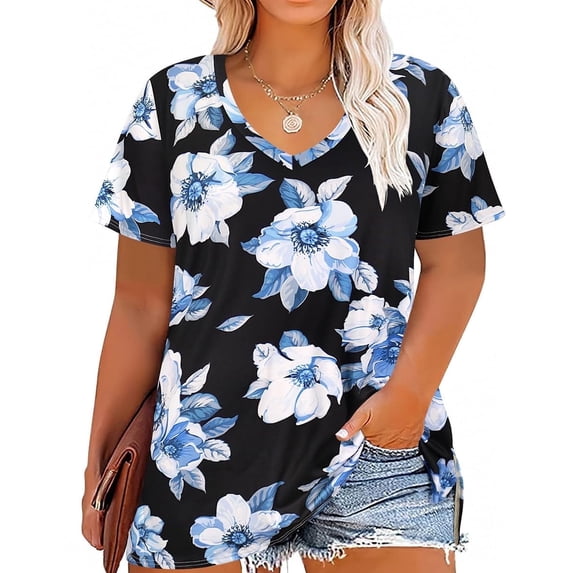 CASSIE LIZ Plus Size Womens Tops 4X Summer V Neck Shirts Blue Floral Fashion Short Sleeve Tee Loose Fit Tunics Spring Blouses Casual Slit Hem Pullovers 4XL 24W 26W