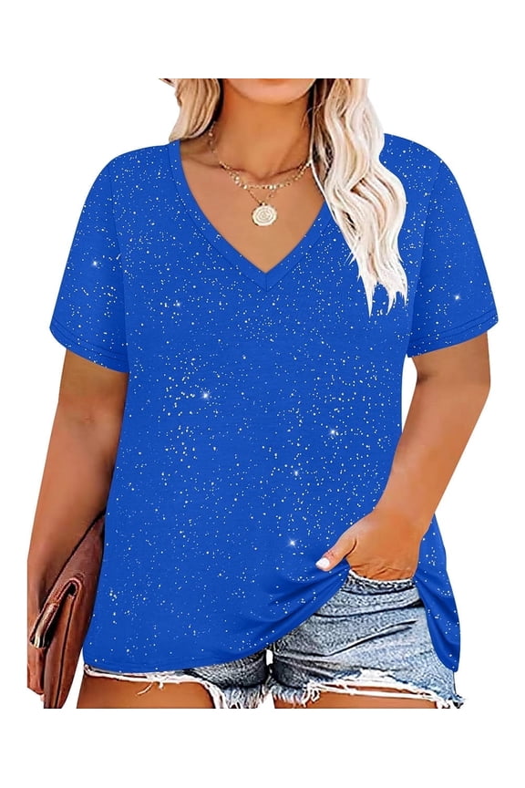 Plus Size Womens Tops 4X Summer V Neck Shirts Blue Sequin Party Short Sleeve Fashion Tee Loose Fit Tunics Spring Blouses Casual Slit Hem Pullovers 4XL 24W 26W