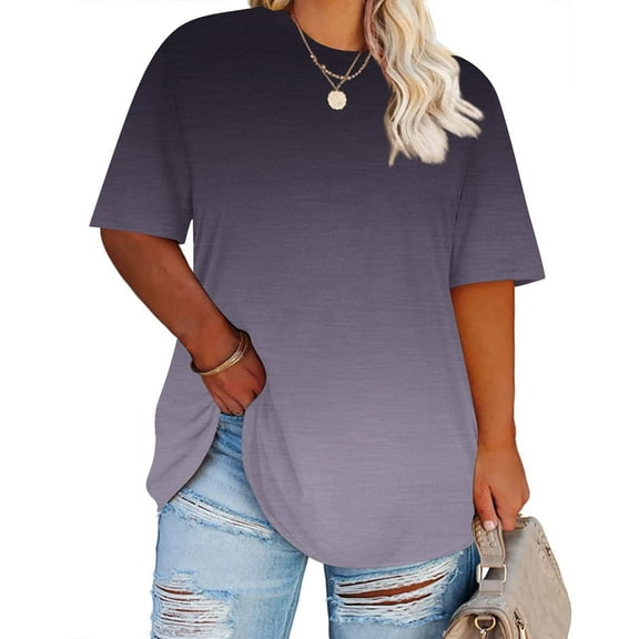 CASSIE LIZ Plus Size Womens Tops 4X Summer Round Neck Shirts Gradient Black Grey Fashion Short Sleeve Tee Loose Fit Tunics Spring Oversized Blouses Casual Pullovers 4XL 24W 26W