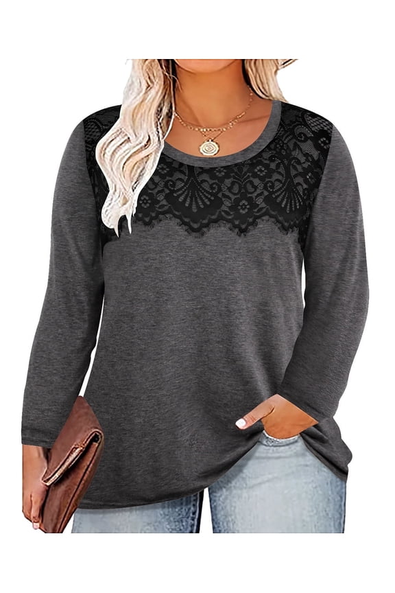 Plus Size Tops Long Sleeve Womens Shirts Fall Crew Neck Sweatshirts Fashion Lace Loose Fit Tunics Winter Blouses Casual Pullovers Solid/Leopard/Plaid (XL-5XL)