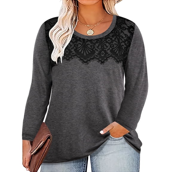 CASSIE LIZ Plus Size Tops Long Sleeve Womens Shirts Fall Crew Neck Sweatshirts Fashion Lace Loose Fit Tunics Winter Blouses Casual Pullovers Solid/Leopard/Plaid (XL-5XL)