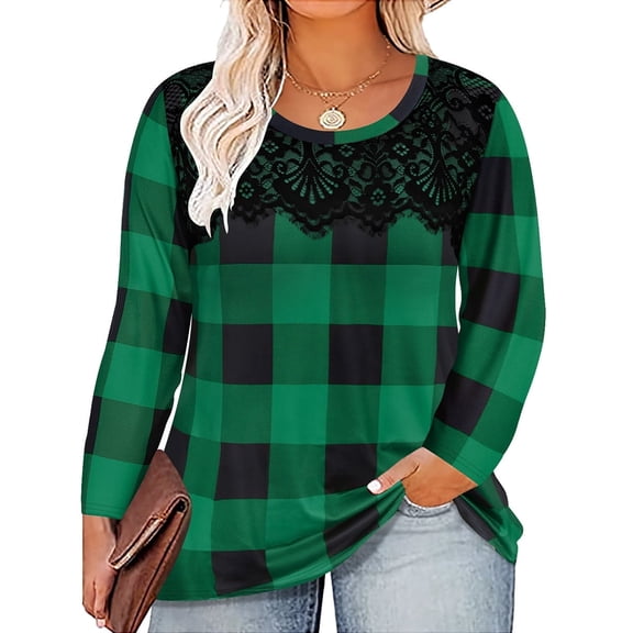 CASSIE LIZ Womens Tops Plus Size Long Sleeve Shirts Fall Crew Neck Black Green Plaid Sweatshirts Fashion Lace Tee Loose Fit Tunics Winter Blouses Casual Pullovers XL 14W 16W