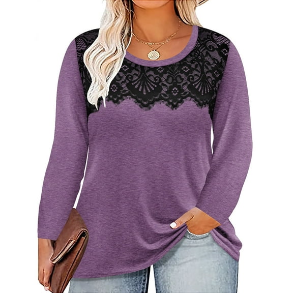 CASSIE LIZ Womens Tops Plus Size Long Sleeve Shirts Fall Crew Neck Purple Sweatshirts Fashion Lace Tee Loose Fit Tunics Winter Blouses Casual Pullovers XL 14W 16W