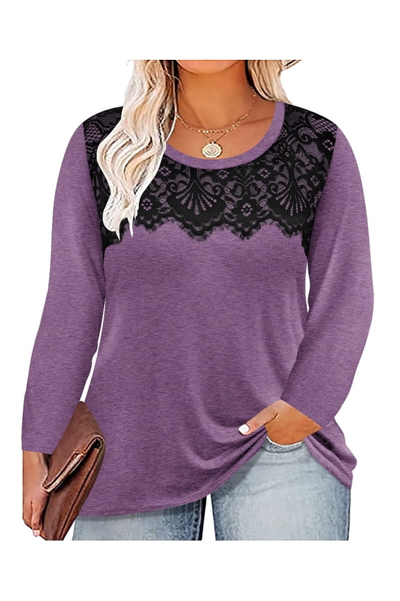 Womens Tops Plus Size Long Sleeve Shirts Fall Crew Neck Purple Sweatshirts Fashion Lace Tee Loose Fit Tunics Winter Blouses Casual Pullovers XL 14W 16W