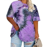 CASSIE LIZ Plus Size Womens Tops 4X Summer Tie Dye Shirts Purple Round Neck Fashion Short Sleeve Tee Loose Fit Tunics Spring Oversized Blouses Casual Pullovers 4XL 24W 26W