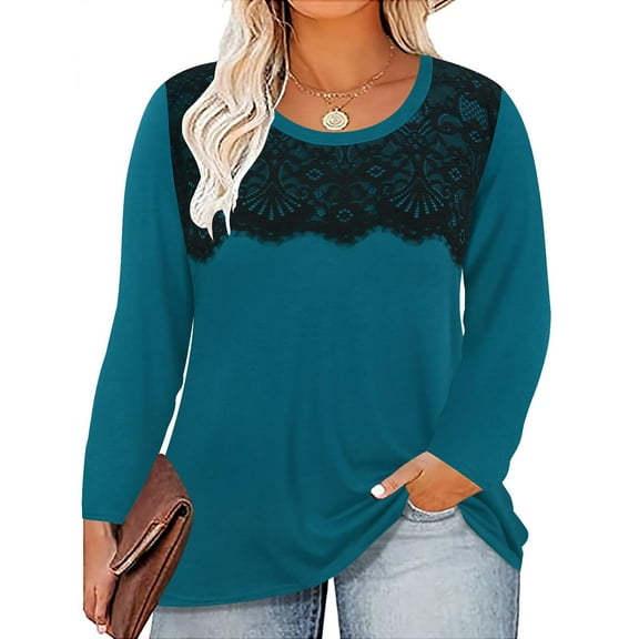 CASSIE LIZ Womens Tops Plus Size Long Sleeve Shirts Fall Crew Neck Teal Blue Sweatshirts Fashion Lace Tee Loose Fit Tunics Winter Blouses Casual Pullovers XL 14W 16W