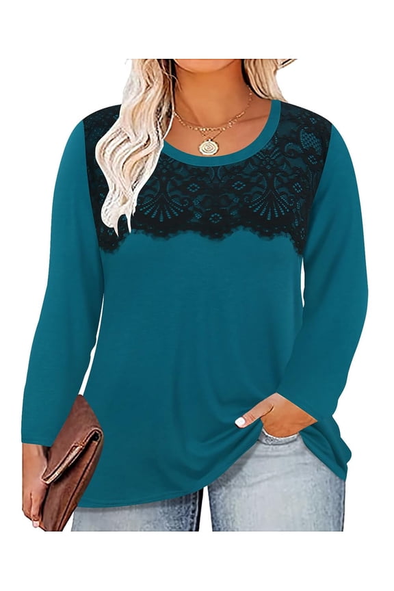 Womens Tops Plus Size Long Sleeve Shirts Fall Crew Neck Teal Blue Sweatshirts Fashion Lace Tee Loose Fit Tunics Winter Blouses Casual Pullovers XL 14W 16W