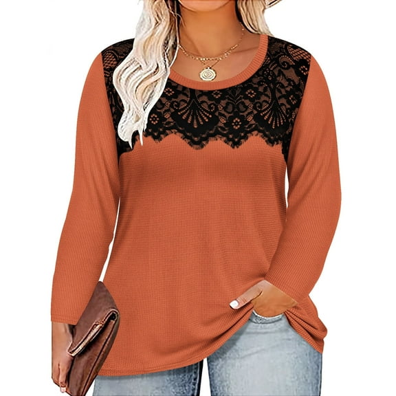 CASSIE LIZ Womens Tops Plus Size Long Sleeve Shirts Fall Crew Neck Burnt Orange Sweatshirts Fashion Lace Tee Loose Fit Tunics Winter Blouses Casual Pullovers XL 14W 16W