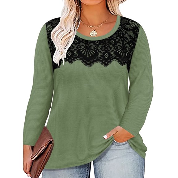 CASSIE LIZ Womens Tops Plus Size Long Sleeve Shirts Fall Crew Neck Green Sweatshirts Fashion Lace Tee Loose Fit Tunics Winter Blouses Casual Pullovers XL 14W 16W