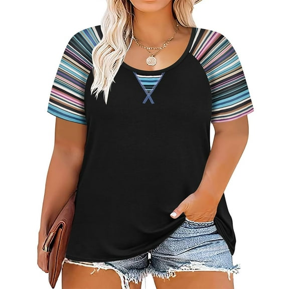 CASSIE LIZ Womens Tops Plus Size Summer Crew Neck Shirts Blue Fashion Short Sleeve Tee Loose Fit Colorful Striped Raglan Tunics Spring Blouses Casual Pullovers XL 14W 16W