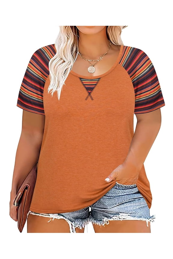 Womens Tops Plus Size Summer Crew Neck Shirts Orange Fashion Short Sleeve Tee Loose Fit Colorful Striped Raglan Tunics Spring Blouses Casual Pullovers XL 14W 16W