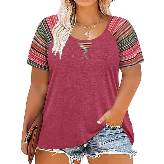 CASSIE LIZ Womens Tops Plus Size Summer Crew Neck Shirts Brick Red Fashion Short Sleeve Tee Loose Fit Colorful Striped Raglan Tunics Spring Blouses Casual Pullovers XL 14W 16W