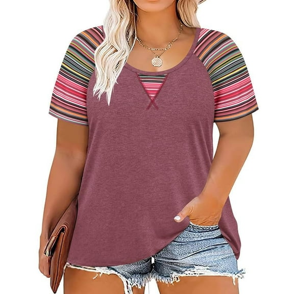 CASSIE LIZ Womens Tops Plus Size Summer Crew Neck Shirts Purple Fashion Short Sleeve Tee Loose Fit Colorful Striped Raglan Tunics Spring Blouses Casual Pullovers XL 14W 16W