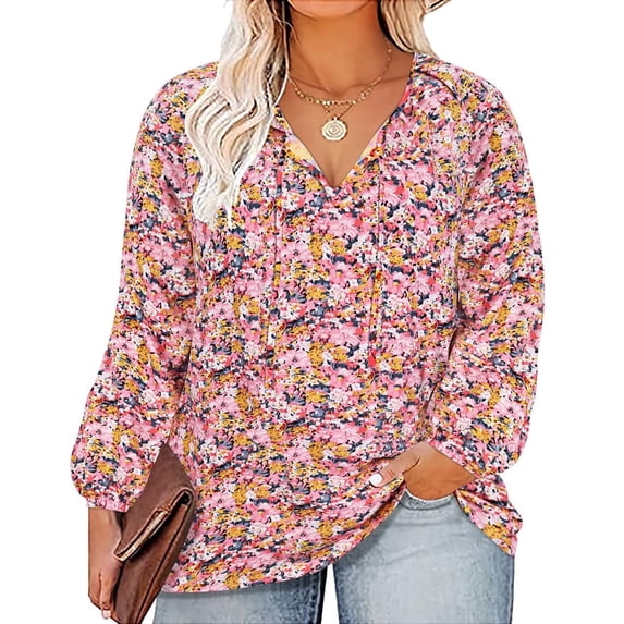 CASSIE LIZ Plus Size Tops 3X Womens Long Sleeve Shirts Fall V Neck Floral Pink T Shirts Fashion Drawstring Tunics Loose Fit Summer Blouses Casual Pullovers 3XL 22W 24W
