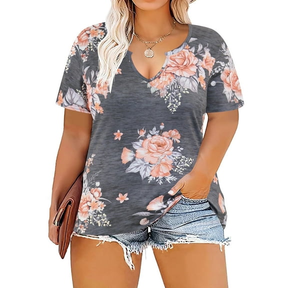 CASSIE LIZ Plus Size Womens Tops 4X Summer Shirts Gray Floral V Neck Fashion Short Sleeve Tee Loose Fit Tunics Spring Blouses Casual Pullover 4XL 24W 26W