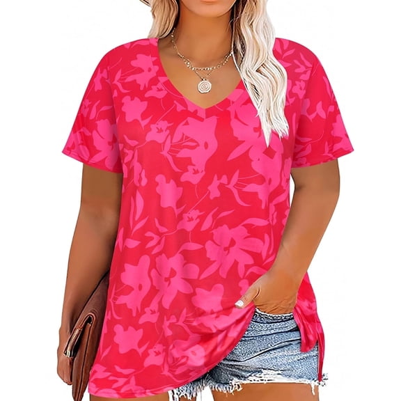 CASSIE LIZ Plus Size Womens Tops 4X Summer V Neck Shirts Hot Pink Floral Fashion Short Sleeve Tee Loose Fit Tunics Spring Blouses Casual Slit Hem Pullovers 4XL 24W 26W
