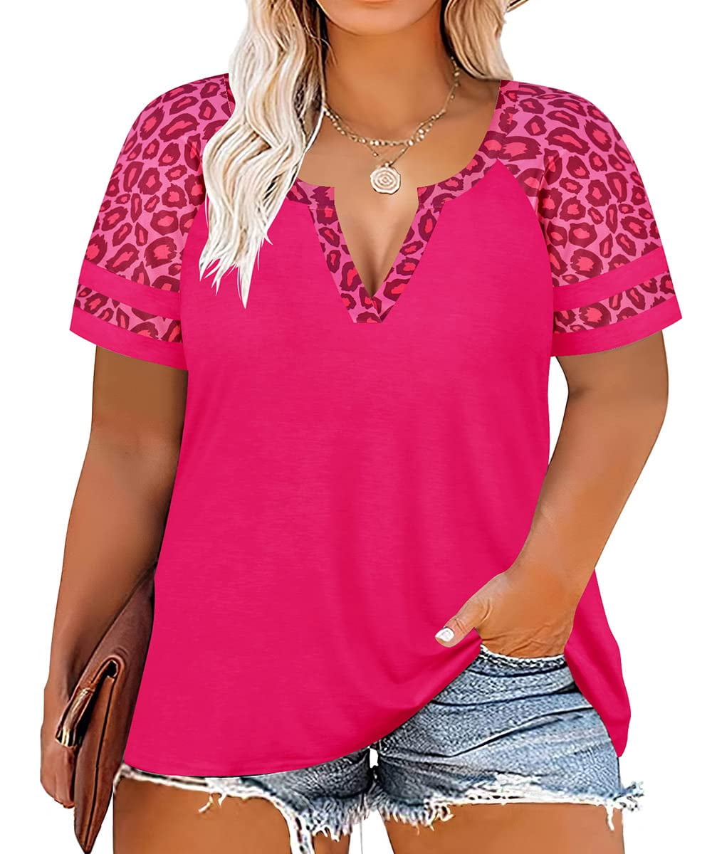 CARCOS Plus Size Summer Top - Short Sleeve Leopard Print Tunic In Coral Pink, Size XL