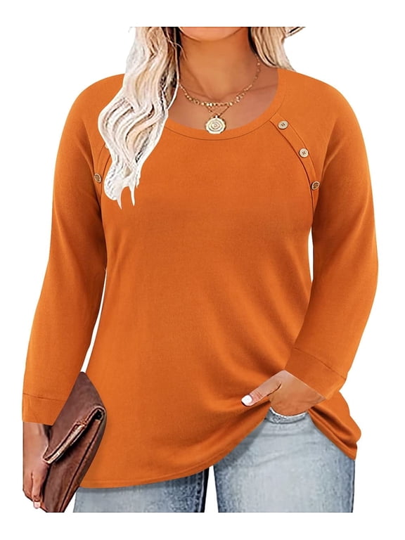 Plus Size Shirts 4X Long Sleeve Womens Tops Fall Crew Neck Basic Orange Sweatshirts Fashion Buttons Tee Loose Fit Tunics Winter Blouses Casual Pullovers 4XL 24W 26W