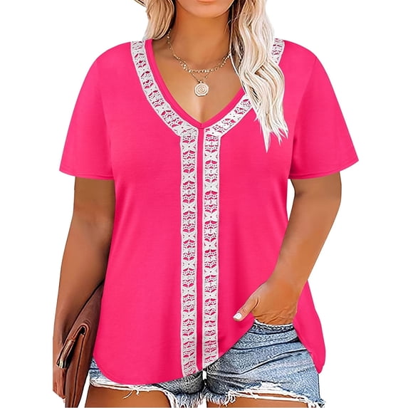 CASSIE LIZ Plus Size Tops for Women 3X Hot Pink Short Sleeve Shirts Spring Fashion Clothes V Neck Lace Trim Tee Shirts Casual Loose Fit Blouses Summer Tunics 3XL 22W 24W