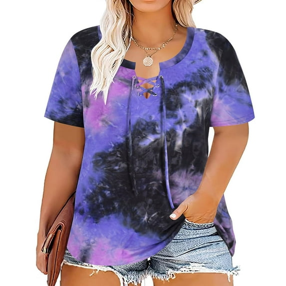 CASSIE LIZ Women's Plus Size Tops Purple Tie Dye Short Sleeve Criss Cross Shirt Casual V Neck Tunics Fashion Loose Fit Pullover Spring Summer Tee XL 14W 16W