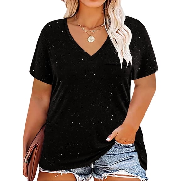 CASSIE LIZ Plus Size Tops 3X Summer V Neck Womens Shirts Black Sequin Fashion Short Sleeve Tee Loose Fit Tunics Spring Blouses Casual Pullover with Pocket 3XL 22W 24W