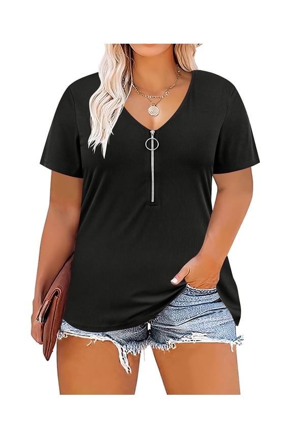 Plus Size Womens Tops 4X Summer Shirts Black V Neck Fashion Short Sleeve Tee Loose Fit Tunics Spring Blouses Casual Pullover 4XL 24W 26W