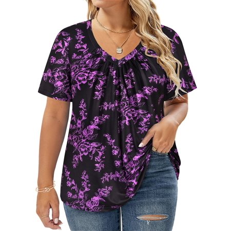 CASSIE LIZ Womens Tops Plus Size Summer V Neck Shirts Black Fashion Short Sleeve Purple Floral Flowy Tee Loose Fit Tunics Fall Pleated Blouses Casual Swing Pullovers XL 14W 16W