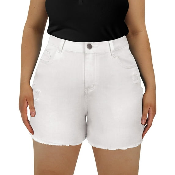 CASSIE LIZ Women's Plus Size White Destructed Shortie Shorts Jeans 3X Elastic Waist Frayed Hem Shorts Pocket Casual Pants Summer Shorts Pants 3XL 22W